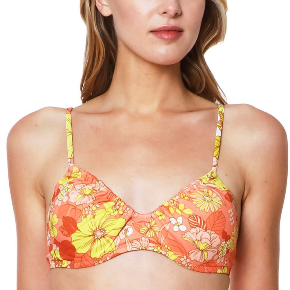 Sanctuary Floral Print V-Neck Bikini Top Mango Orange L